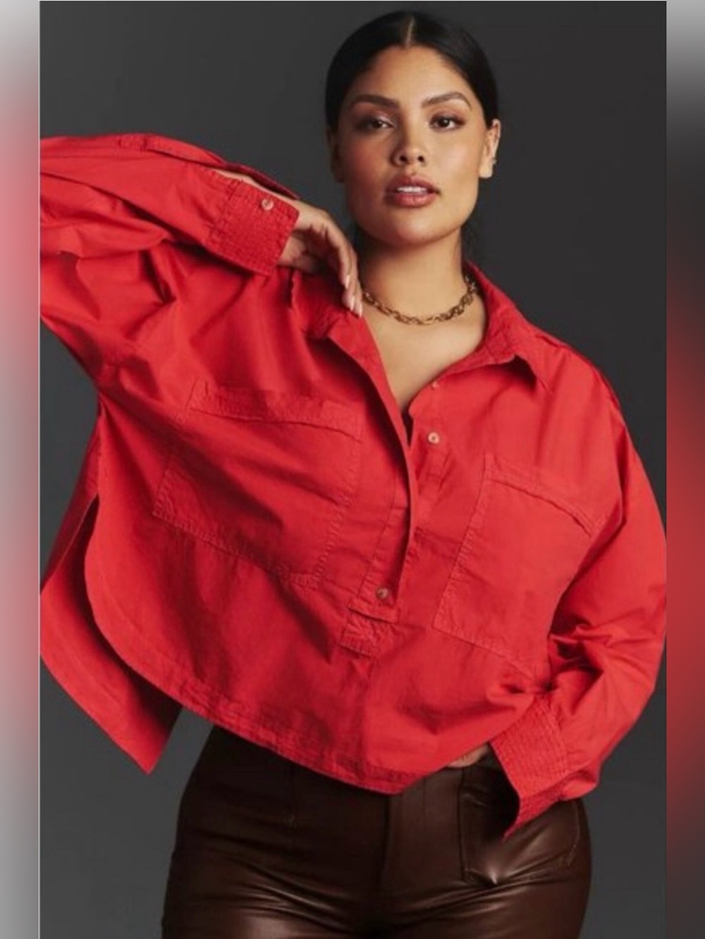 NWT! Anthropologie Pilcro Red Placket Back-Slit Cotton Shirt L 100% Cotton